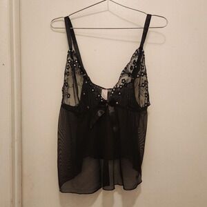 Black Lace Rhinestone Babydoll Lingerie Top Plus Size 2X Y2K Romantic Goth